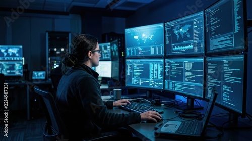 Cyber security expert analyzing code and data on computer screens in a blue lit control room