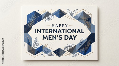 Happy international mens day greeting card design with blue watercolor geometric shapes and elegant minimalist typography on white background