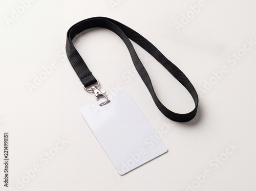 Blank white ID card mockup with black lanyard
