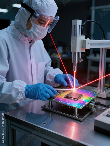 Cleanroom electronics infrastructure with technician testing circuit board