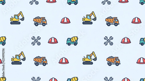 A seamless pattern features colorful construction-themed icons