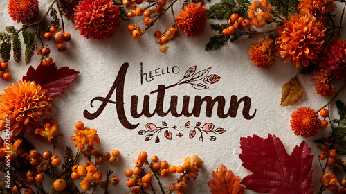 Autumn background with colorful fall leaves, berries, and wooden frame decoration