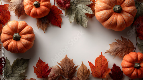Autumn Leaves and Pumpkins Frame Background with Festive Orange Fall Foliage for Thanksgiving and Halloween Decoration