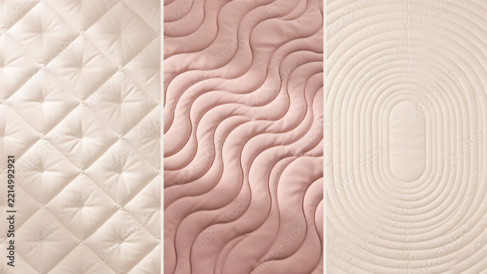 Fototapeta premium Three panels of quilted fabric textures in soft pink and cream colors