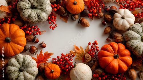 Rustic Autumn Still Life with Orange Pumpkins, Gourds, and Fallen Leaves for Thanksgiving and Halloween Harvest Decoration