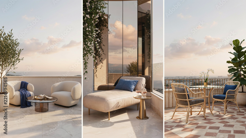 Naklejka premium Three scenes of luxury outdoor terraces with comfortable furniture and sea views at sunset