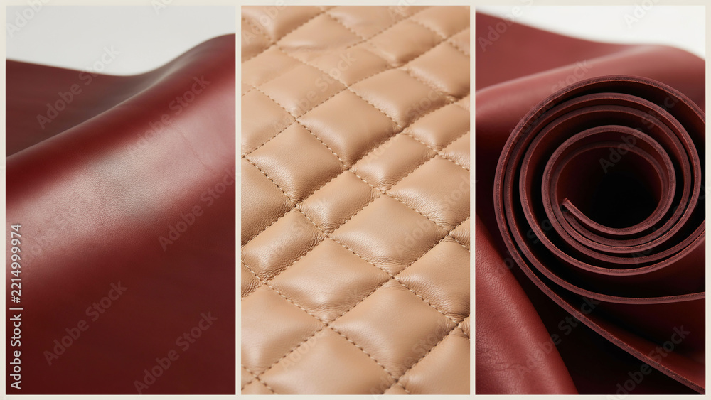 Fototapeta premium Triptych of red and beige quilted leather textures and rolled surfaces