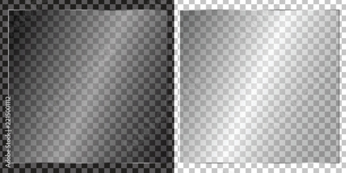 Set of Realistic Transparent Glass Plate Frames Vector Banner Template with Light Glare Effect on Dark and Light Backgrounds
