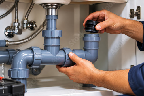Plumber hands assembling grey plastic pvc drainage pipe assembly under bathroom cabinet drawer.