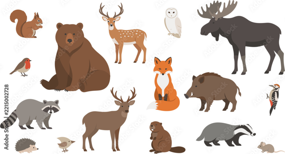 Fototapeta premium Forest woodland animals vector icon collection with brown bear deer fox moose raccoon beaver owl squirrel and badger isolated on white background