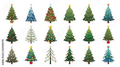 Decorated Christmas Tree Vector Set with Various Pines Fir Spruce and Ornaments