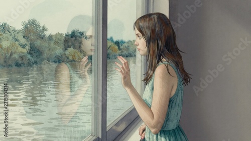 Woman Gazing Thoughtfully Out of the Window by a Calm Water Body