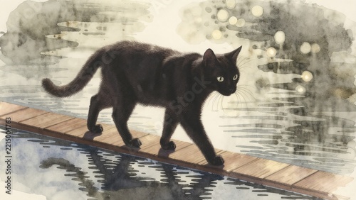 Black Cat Walking on a Wooden Path Over a Reflective Water Surface