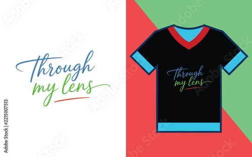 Through my lens script typography on a black v-neck t-shirt apparel mockup with colorful text