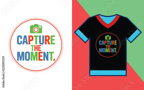 T-shirt featuring a circular with a camera and the text capture the moment in bold colors