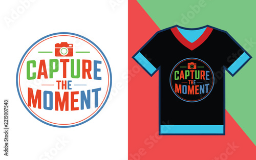 T-shirt mockup displaying a circular themed with a camera and capture the moment text