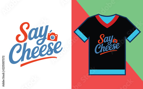 T-shirt with the text say cheese and a camera printed on a black v-neck shirt for photographers