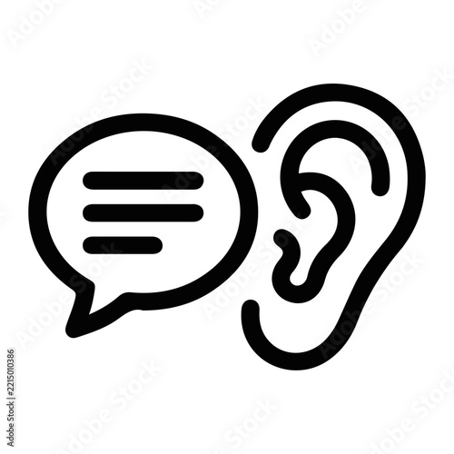 Minimalist Black Line Icon of a Human Ear and Speech Bubble Symbolizing Active Listening, Communication, Feedback, Customer Support, and Audio Assistance for Web and Mobile Design Projects.