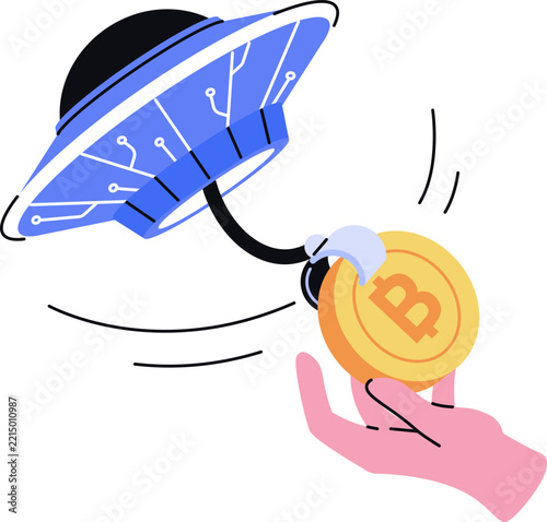 Cryptocurrency transfer concept, futuristic device sending bitcoin coin to an open hand, send and receive crypto, flat design vector illustration