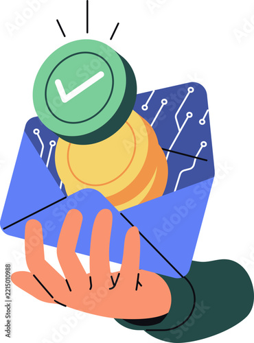 Cryptocurrency transaction success concept, hand holding envelope with coin and green check mark, payment confirmed, flat design vector illustration