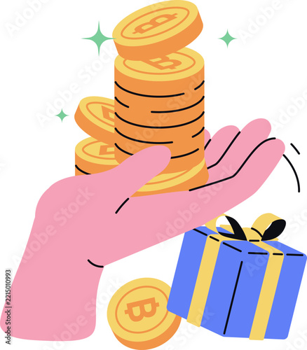 Crypto staking reward concept, hand holding stack of gold coins with gift box and bitcoin, flat design vector illustration