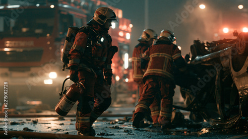 Night shot of three firefighters, one is carrying fire extinguisher, other two are opening door on upside down car, fire engine in background. Saving lifes and saftey concept. 