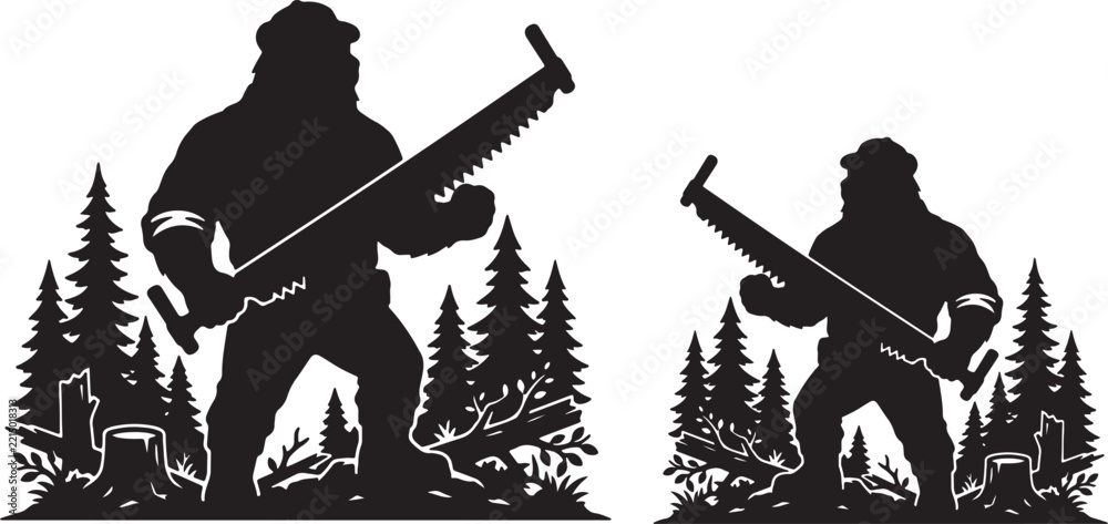 Fototapeta premium Silhouette lumberjack figures with saws in forest scene