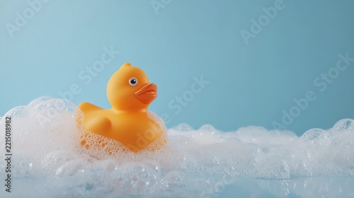 A cheerful rubber duck in a bubble bath.