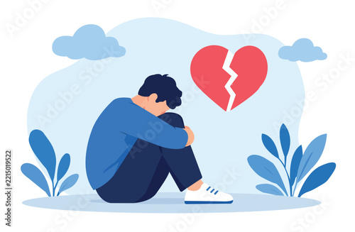 Sad man broken heart depression concept sitting on ground hugging knees with floating red broken heart and plants isolated on light blue background