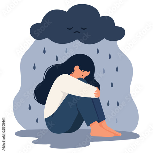 Depression sad woman rain cloud concept sitting on floor hugging knees under dark storm cloud and falling raindrops isolated on white background