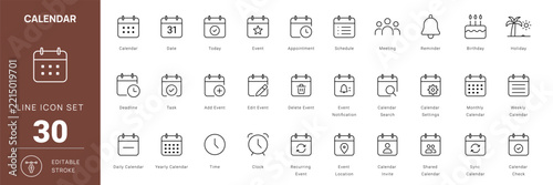calendar date schedule event appointment reminder meeting editable stroke line icon vector set