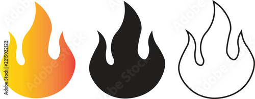 Minimalist flame fire icon set in gradient orange solid black and outline.