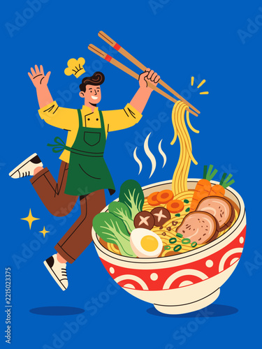 Happy Chef Jumping with Giant Chopsticks and a Large Bowl of Delicious Japanese Ramen Illustration