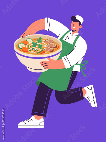 Cheerful Chef Carrying a Large Bowl of Delicious Hot Ramen Noodle Soup for Fast Delivery Service
