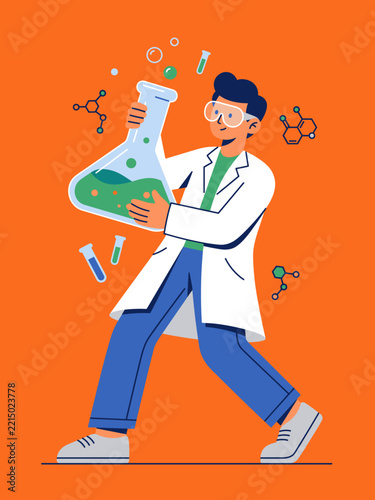 Professional Male Scientist in Lab Coat Holding Large Flask with Green Liquid for Chemical Research