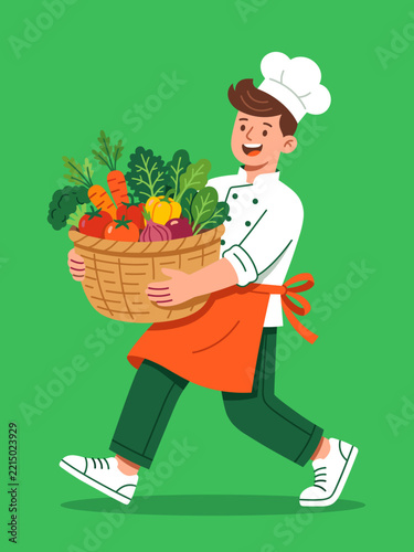Happy professional male chef carrying a large woven basket full of fresh organic vegetables
