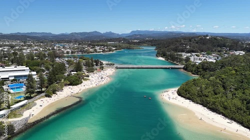 Tallebudgera Creek aerial drone footage over the creek mouth and sandbar, Gold Coast, Queensland Australia