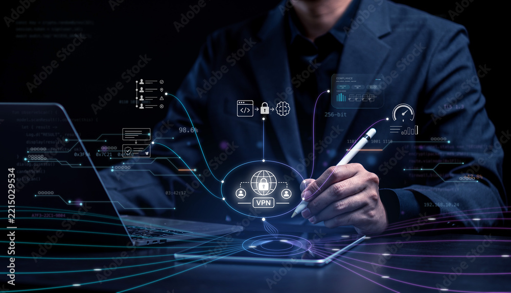 Fototapeta premium VPN secure network connection and data encryption technology concept. Businessman with stylus pen and tablet with virtual VPN globe, padlock and compliance dashboard.