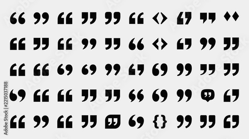 Quotation mark icon collection, diverse typographic quote symbols, punctuation marks set, monochrome vector design, editorial publishing elements.