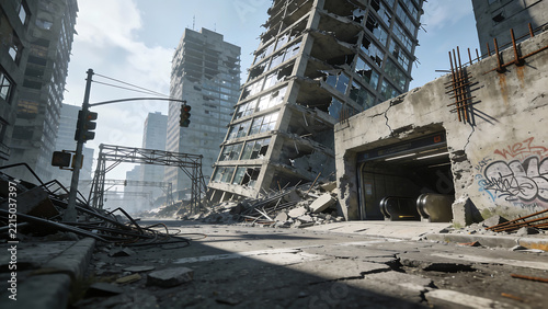 collapsed high-rise building in ruined urban street with broken traffic lights and subway entrance