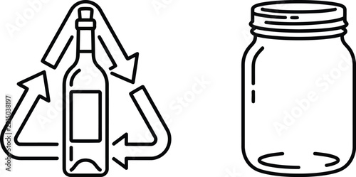 Recycling glass bottle and empty mason jar line art vector icons