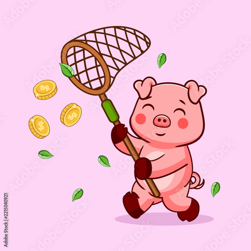 Cute Pig Catching Gold Coins with Butterfly Net Vector Illustration Kawaii Animal