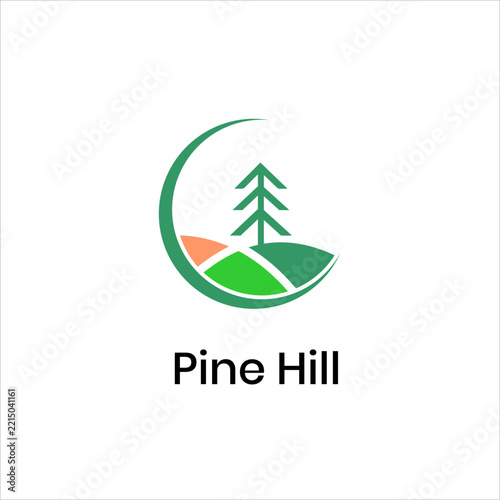 Pine Hill Tree Forest Crescent Moon Vector Logo Design Template for Outdoor Eco Resort and Nature Brand