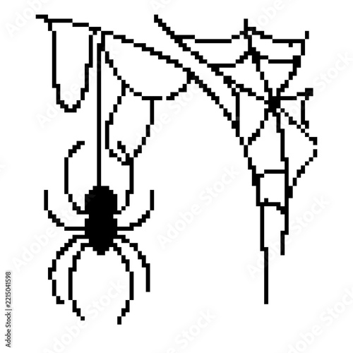 pixel art corner spiderweb hanging spider cobweb frame halloween icon
