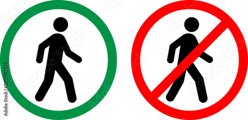 Fotografie Pedestrian Sign Set, green walking person allowed and red prohibition symbol for