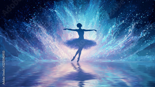 Graceful ballerina performs on water, her flowing dress transforming into glowing blue waves