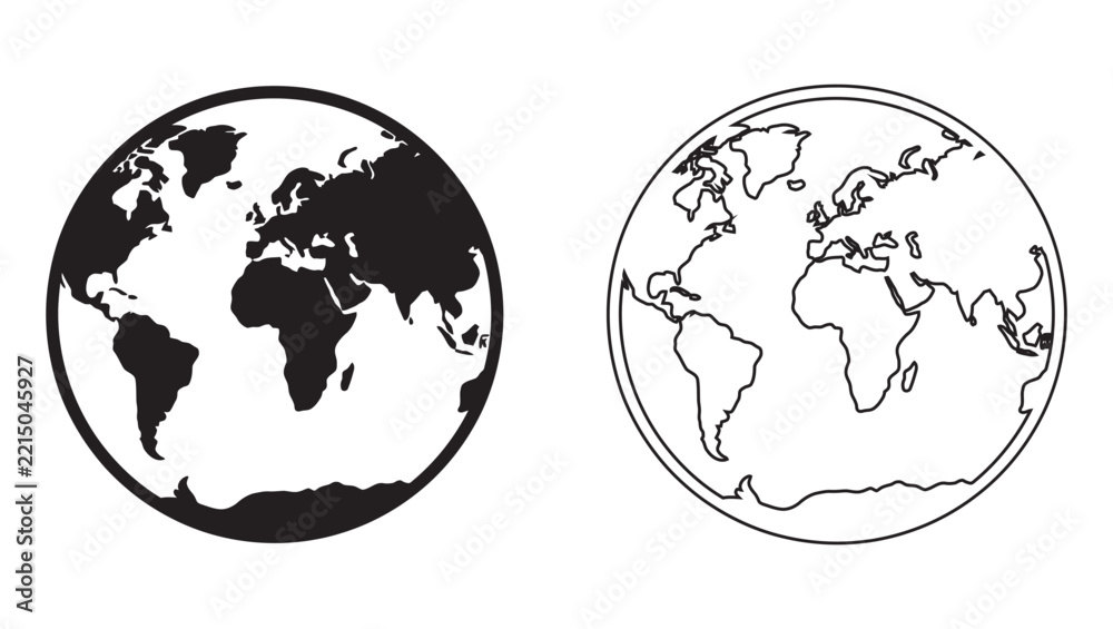 Obraz premium Circular Globe World Map Vector Icon Set Featuring Solid Black Silhouette and Thin Line Art Outline Design for Planet Earth Representation