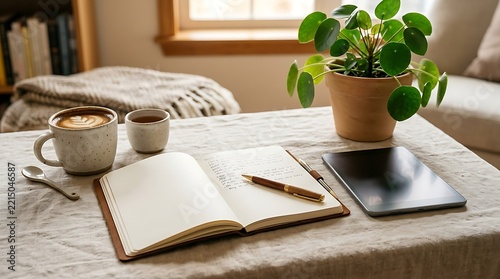 Cozy home office setup with open notebook, coffee, and plant on textured table