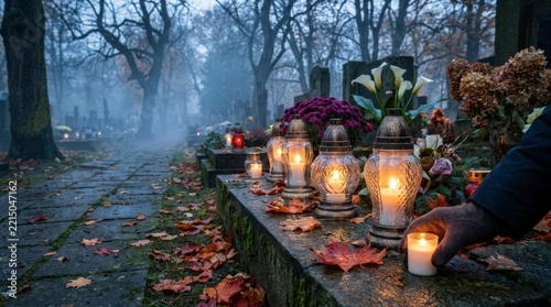 Cemetery path illuminated by glowing memorial candles and autumn leaves during dusk.