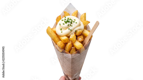 Crispy French Fries in Paper Cone with Mayonnaise, Belgian Frites Snack isolated on White